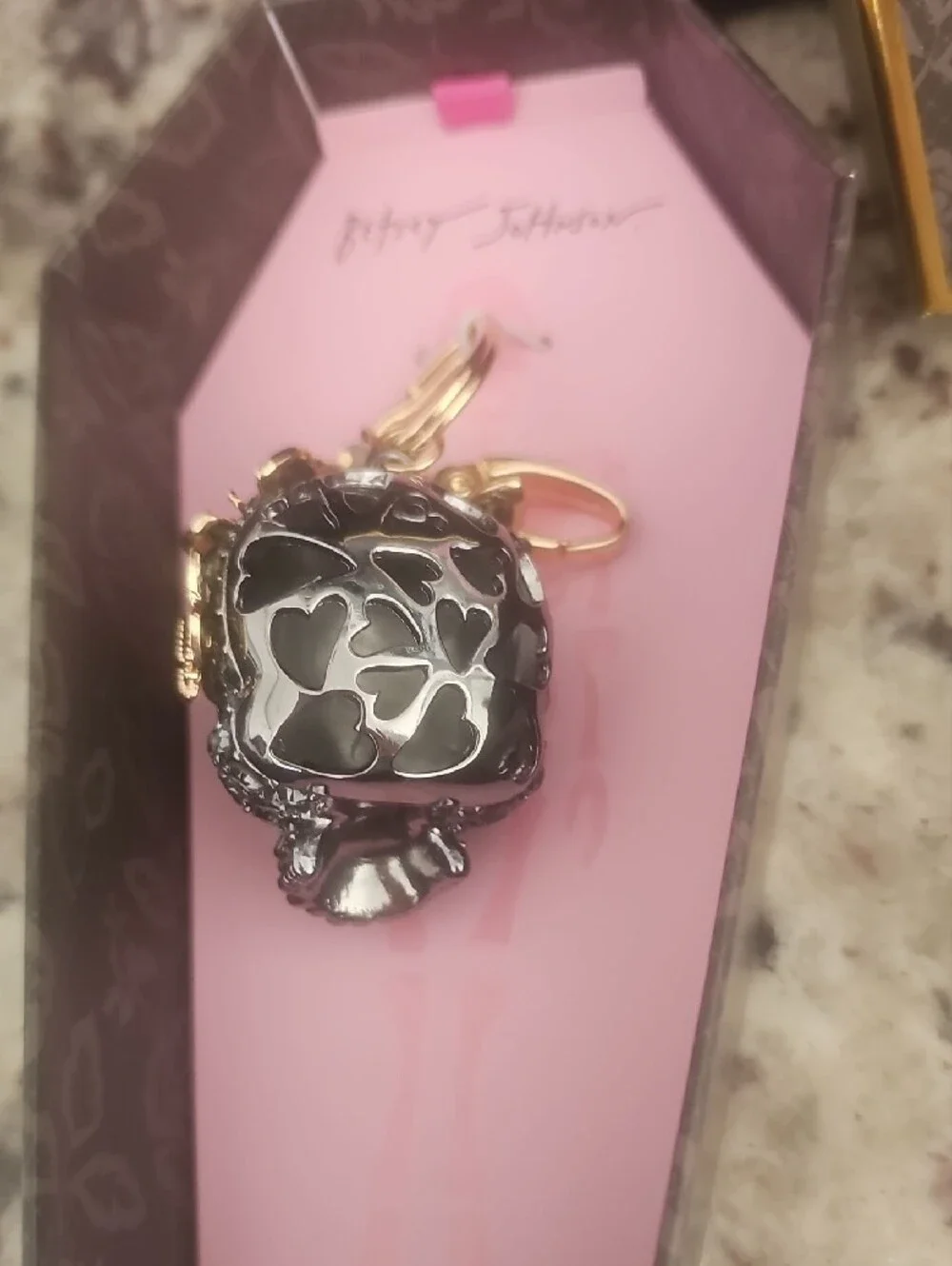 Betsey Johnson Pink and Gunmetal Crystal Skull Charm Keyring
